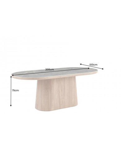 Table à manger design Marbella 200 cm – Plateau céramique effet marbre blanc, pied bois noyer, forme ovale