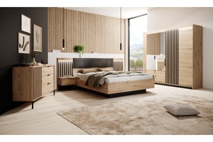 Lit AURA 160x200 chevets intégrés – Chêne Artisanal & Anthracite + LEDs + rangements intégrés + sommier coffre