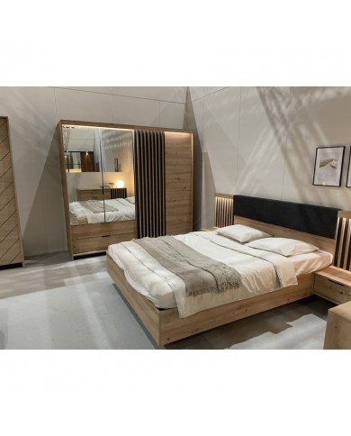 Lit AURA 160x200 chevets intégrés – Chêne Artisanal & Anthracite + LEDs + rangements intégrés + sommier coffre