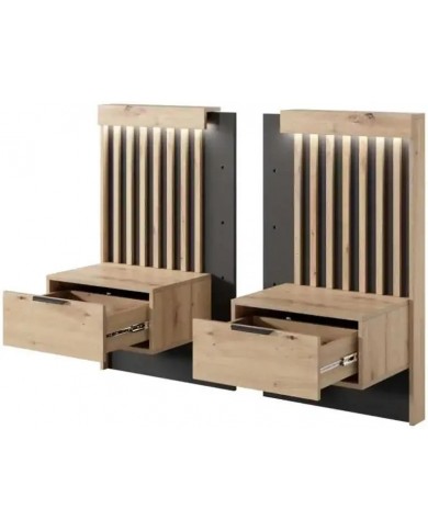 Lit AURA 160x200 chevets intégrés – Chêne Artisanal & Anthracite + LEDs + rangements intégrés + sommier coffre