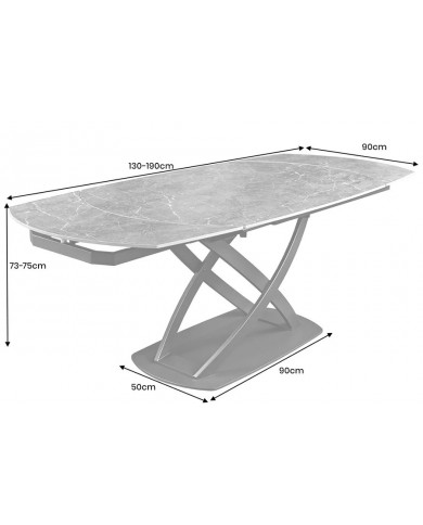 Table à manger extensible ovale EXTENSIO 130-190 cm – Plateau céramique aspect travertin et support couleur champagne design