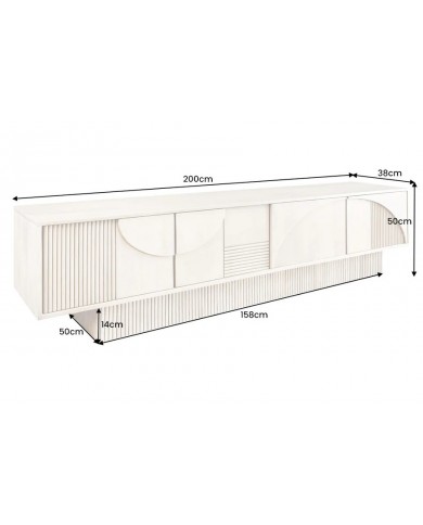 Meuble TV 4 portes 200 cm en reliefs 3D en bois de manguier blanchi NEOFORMA