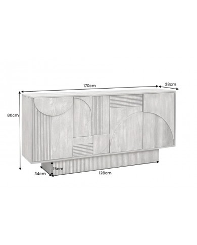 Commode 4 portes 170 cm avec reliefs 3D en bois de manguier gris fumé Neoforma