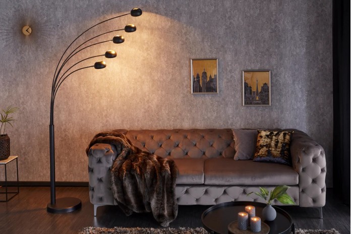 Lampadaire avec 5 branches orientables noir & or base en marbre 205 cm Five lights