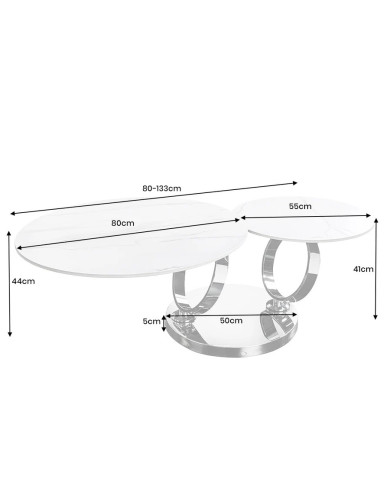 Table Basse Plateau Céramique Pivotant Effet Marbre Blanc pieds en métal noir DANCING 80–135 cm –