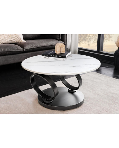 Table Basse Plateau Céramique Pivotant Effet Marbre Blanc et anthracite pieds en métal noir DANCING 80–135 cm –