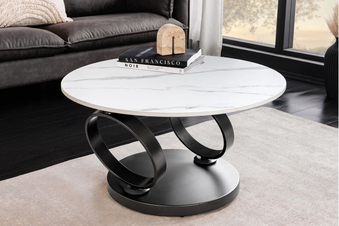 Table Basse Plateau Céramique Pivotant Effet Marbre Blanc et anthracite pieds en métal noir DANCING 80–135 cm –