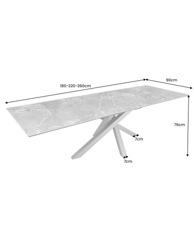 Table en céramique italienne extensible effet marbre blanc pieds métal noir 180(260)x90x76 cm Aurelia