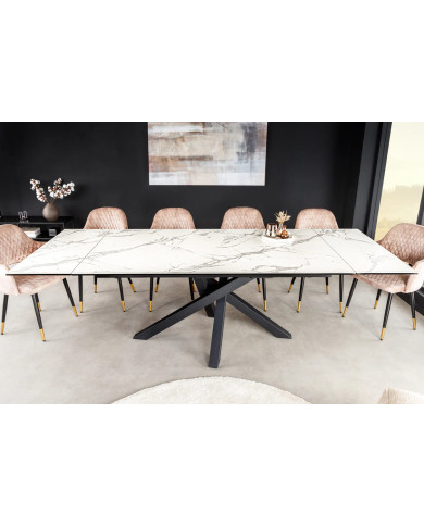 Table en céramique italienne extensible effet marbre blanc pieds métal noir 180(260)x90x76 cm Aurelia