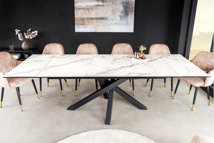 Table en céramique italienne extensible effet marbre blanc pieds métal noir 180(260)x90x76 cm Aurelia