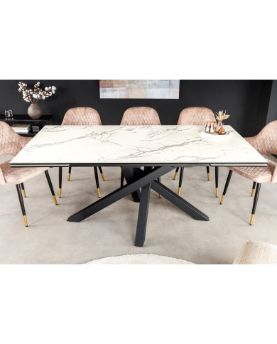 Table en céramique italienne extensible effet marbre blanc pieds métal noir 180(260)x90x76 cm Aurelia