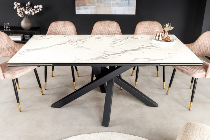 Table en céramique italienne extensible effet marbre blanc pieds métal noir 180(260)x90x76 cm Aurelia