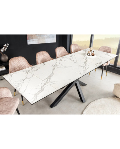 Table en céramique italienne extensible effet marbre blanc pieds métal noir 180(260)x90x76 cm Aurelia
