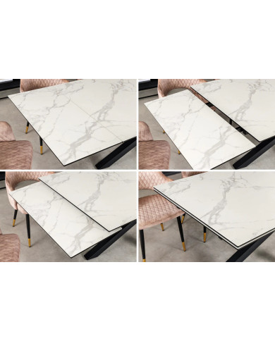 Table en céramique italienne extensible effet marbre blanc pieds métal noir 180(260)x90x76 cm Aurelia