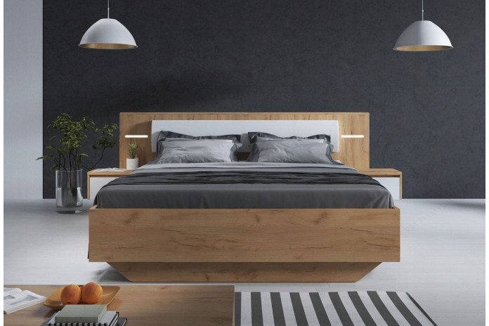 PACK : Lit avec tête de lit capitonnée et table de chevets avec LEDs intégrées 160x200 cm Lexo + matelas 160x200 cm Ajura