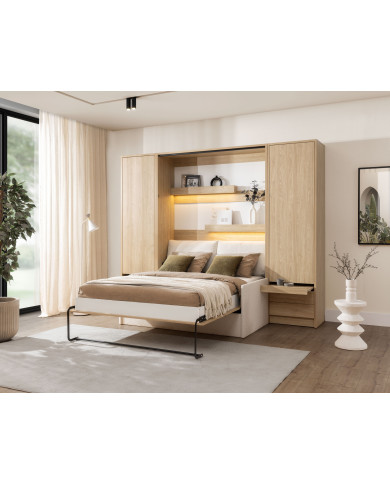 Pack : Armoire lit escamotable avec canapé Emma 04 140x200 cm Chêne huilé  + 2 armoires colonne DELUXE