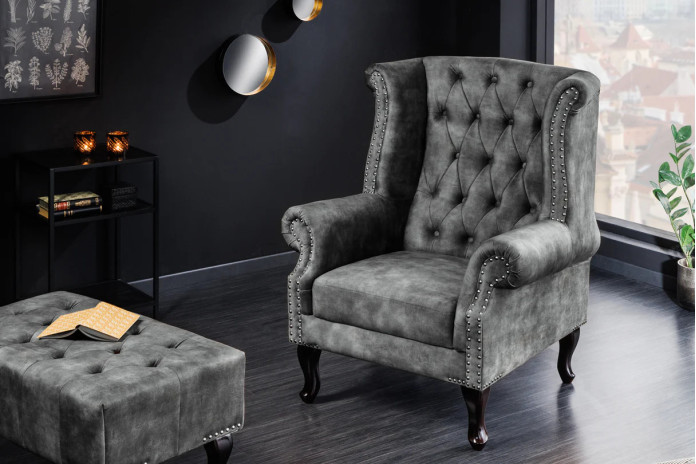 Fauteui Chesterfield velours gris