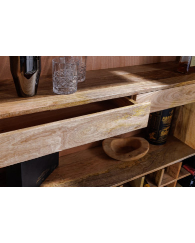 Bar buffet bois de manguier design avec tiroirs, porte verre et porte bouteille 140 cm blanc AMMONIS