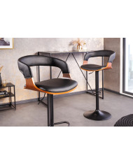 Chaise de bar réglable en simili noir et bois naturel de noyer avec pieds en métal design Athan