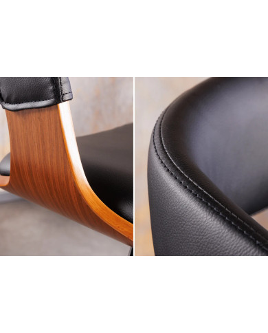 Chaise de bar réglable en simili noir et bois naturel de noyer avec pieds en métal design Athan