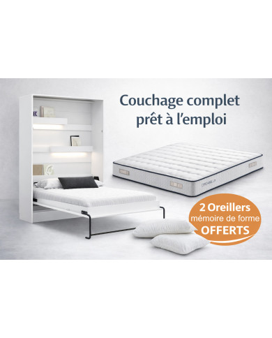 Pack Lit Escamotable DELUXE Blanc Mat 140×200 – Confort Hôtelier + Oreillers Offerts