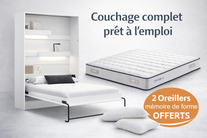 Pack Lit Escamotable DELUXE Blanc Mat 140×200 – Confort Hôtelier + Oreillers Offerts