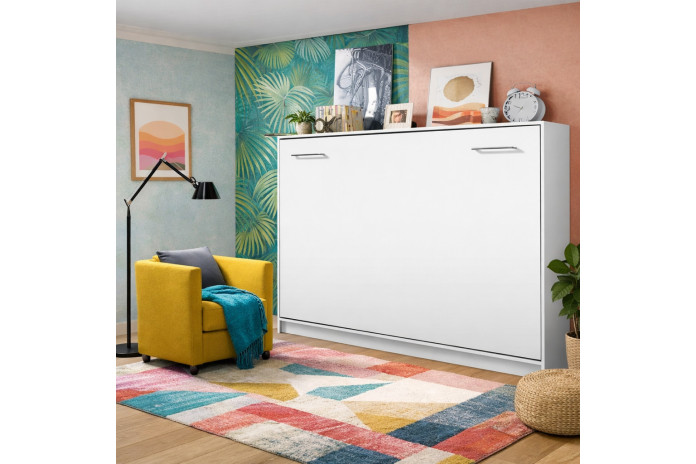 Armoire lit escamotable relevable horizontal 140x200 cm blanc mat Premium