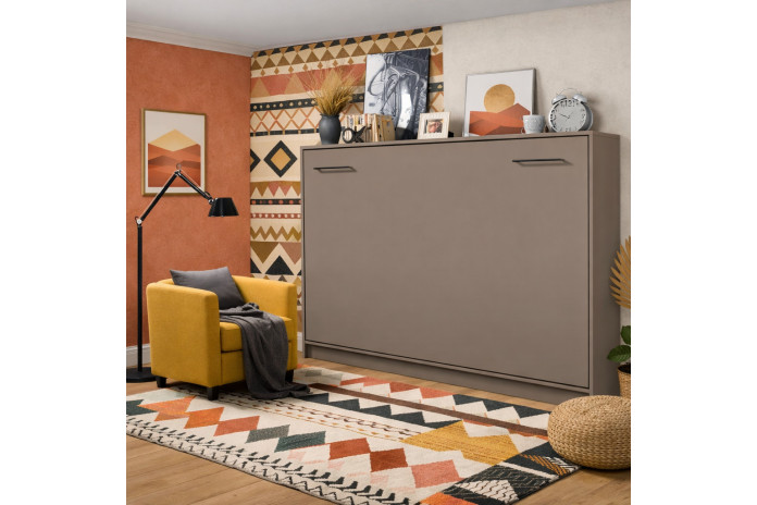 Armoire lit escamotable relevable horizontal 140x200 cm taupe Premium