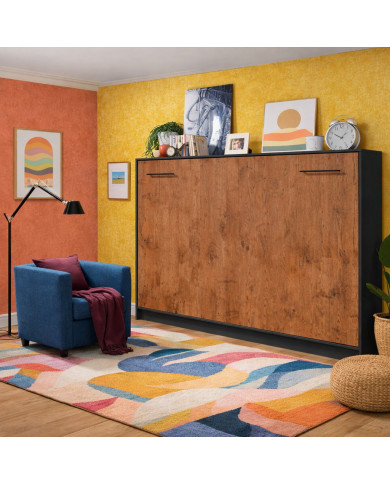 Armoire lit escamotable relevable horizontal 140x200 cm chêne lancelot et noir