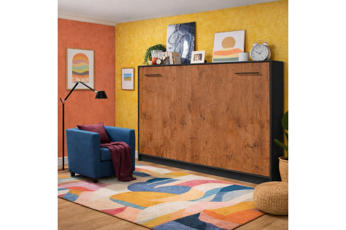 Armoire lit escamotable relevable horizontal 140x200 cm chêne lancelot et noir