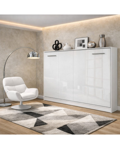 Armoire lit escamotable relevable horizontal 140x200 cm blanc brillant Premium