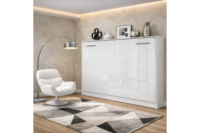 Armoire lit escamotable relevable horizontal 140x200 cm blanc brillant Premium