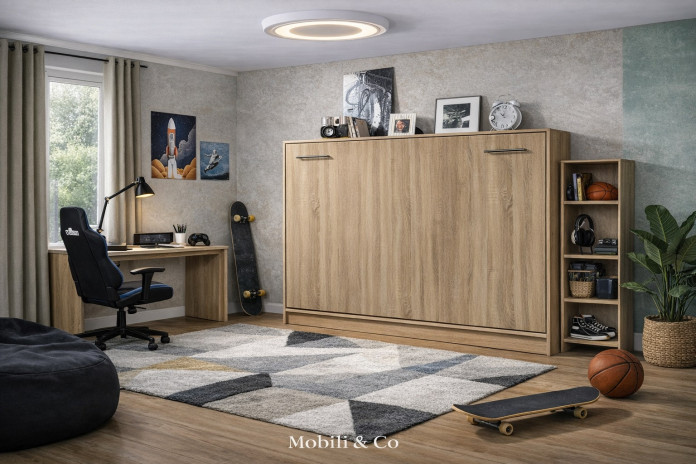 Armoire lit escamotable relevable horizontal 90x200 cm chêne sonoma Premium