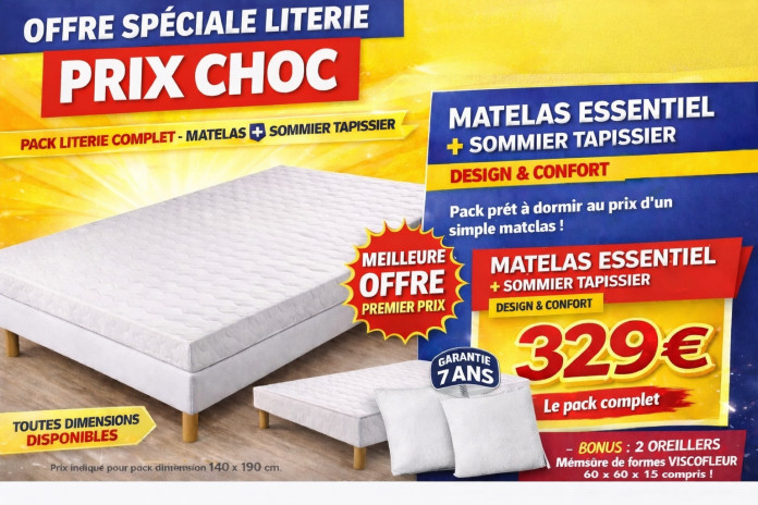 Pack Matelas + Sommier Essentiel | Literie complète pas chère