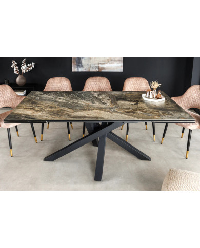 Table en céramique italienne extensible effet marbre taupe pieds métal noir 180(260)x95x76 cm Aurelia