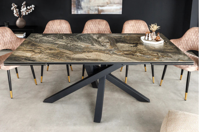 Table en céramique italienne extensible effet marbre taupe pieds métal noir 180(260)x95x76 cm Aurelia