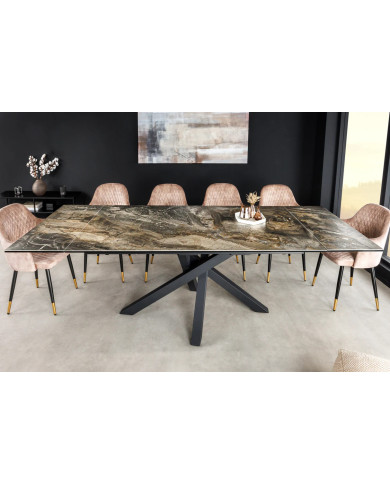 Table en céramique italienne extensible effet marbre taupe pieds métal noir 180(260)x95x76 cm Aurelia