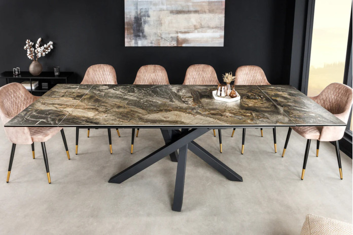 Table en céramique italienne extensible effet marbre taupe pieds métal noir 180(260)x95x76 cm Aurelia