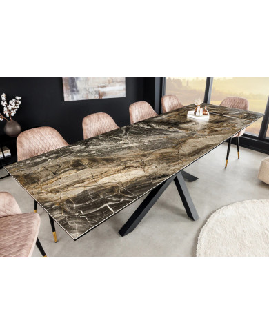 Table en céramique italienne extensible effet marbre taupe pieds métal noir 180(260)x95x76 cm Aurelia