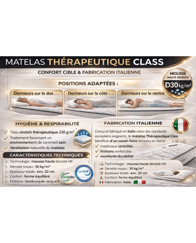 Matelas mousse haute densité Thérapeutique Class – soutien ergonomique, confort durable – fabriqué en Italie