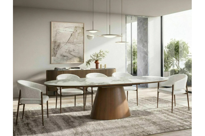 Table Céramique Blanche et Noyer Pandoro 160-200cm | Mobili & Co