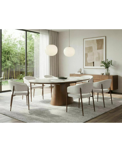 Table Céramique Blanche et Noyer Pandoro 160-200cm | Mobili & Co