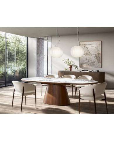 Table Céramique Blanche et Noyer Pandoro 160-200cm | Mobili & Co