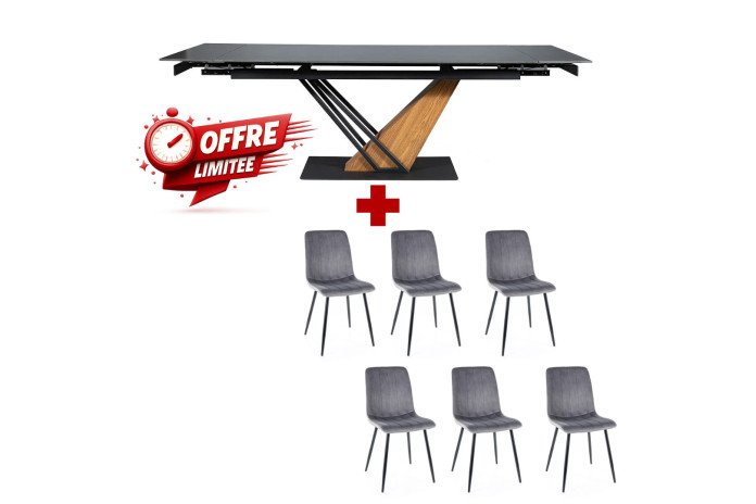 Pack Prestige : Table Céramique Extensible 160(220) x 90 cm GENESE + 6 Chaises ALAN pour 1€ de plus !