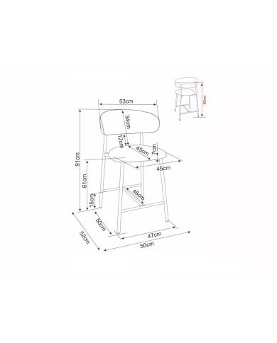 Chaise de bar en tissu avec dossier croissant et pieds en métal cachemire Elton