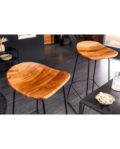 Tabouret de bar en bois véritable d'acacia verni et pieds métal Léo