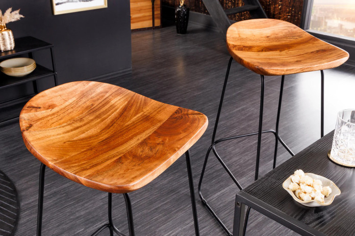 Tabouret de bar en bois véritable d'acacia verni et pieds métal Léo