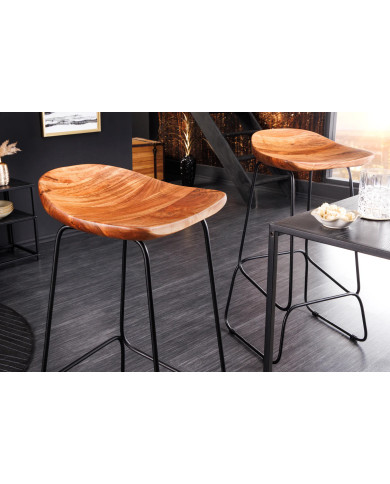 Tabouret de bar en bois véritable d'acacia verni et pieds métal Léo