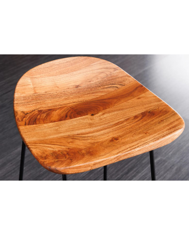 Tabouret de bar en bois véritable d'acacia verni et pieds métal Léo