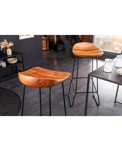 Tabouret de bar en bois véritable d'acacia verni et pieds métal Léo